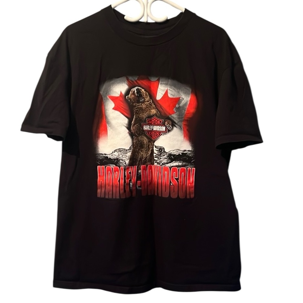 Harley Davidson T-Shirt Canada Flag Bear Kamloops Black Size XL